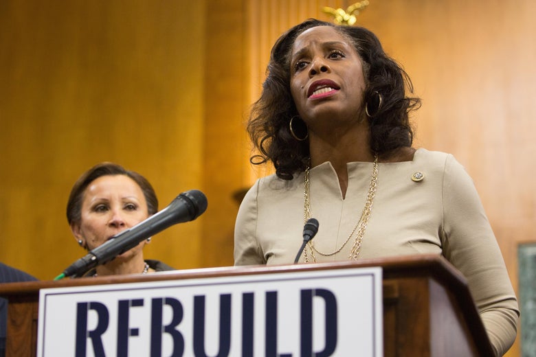 Stacey Plaskett attends a press conference on November 28, 2017 in Washington, D.C.